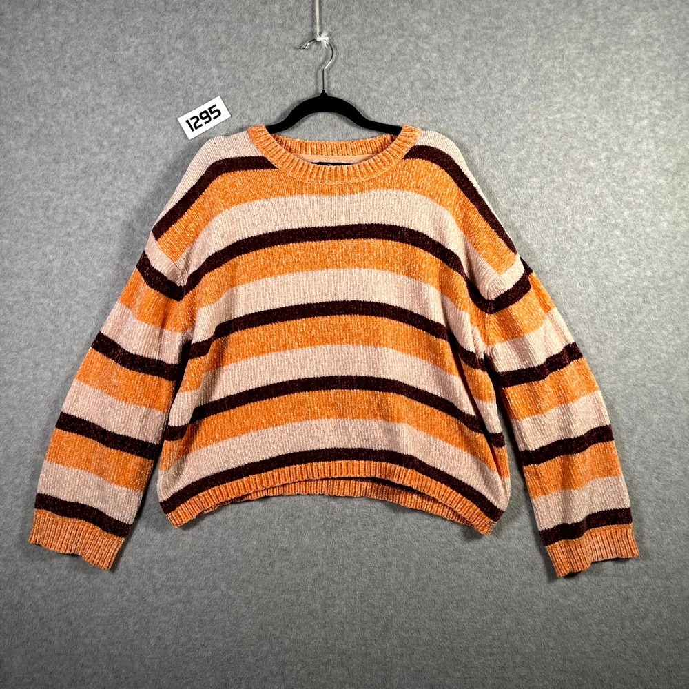 Volcom True To This Sweater Womens Large Orange Brown Striped Soft Knit Pullover